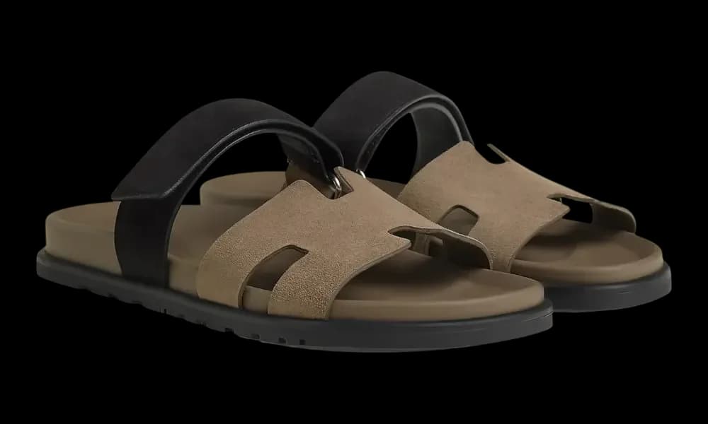 Hermès Chypre sandals, Étoupe suede with black