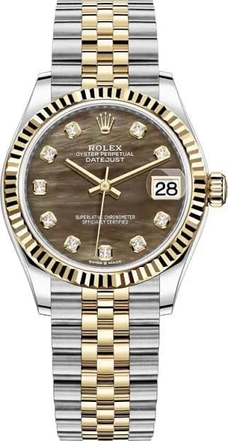 Rolex Datejust 31, steel and yellow gold, black mother-of-pearl, diamond